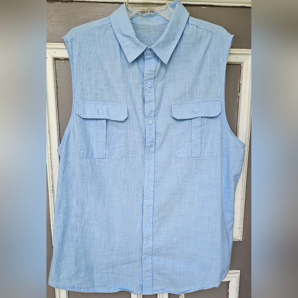 Womens XL Linen Blend Button Up Baby Blue Sleeveless Top (Gw1)